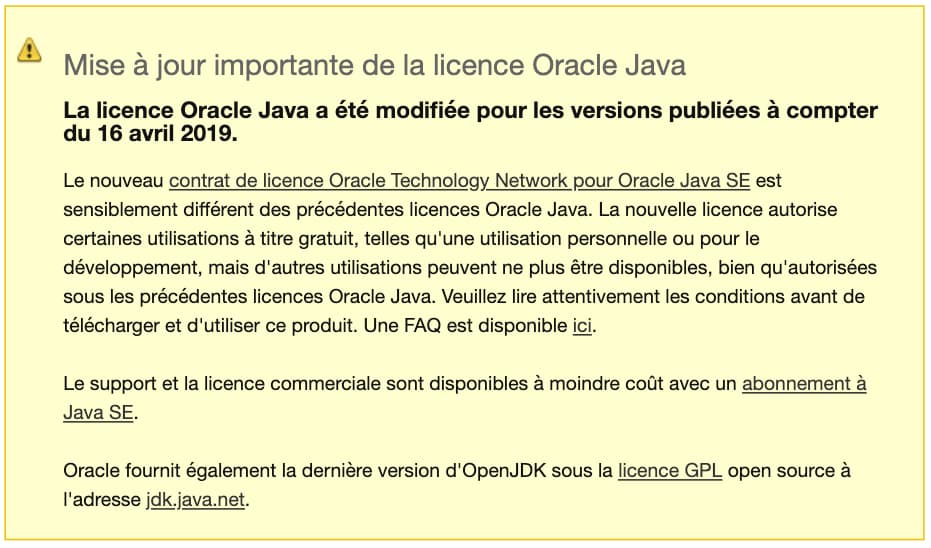 Java alerte licences